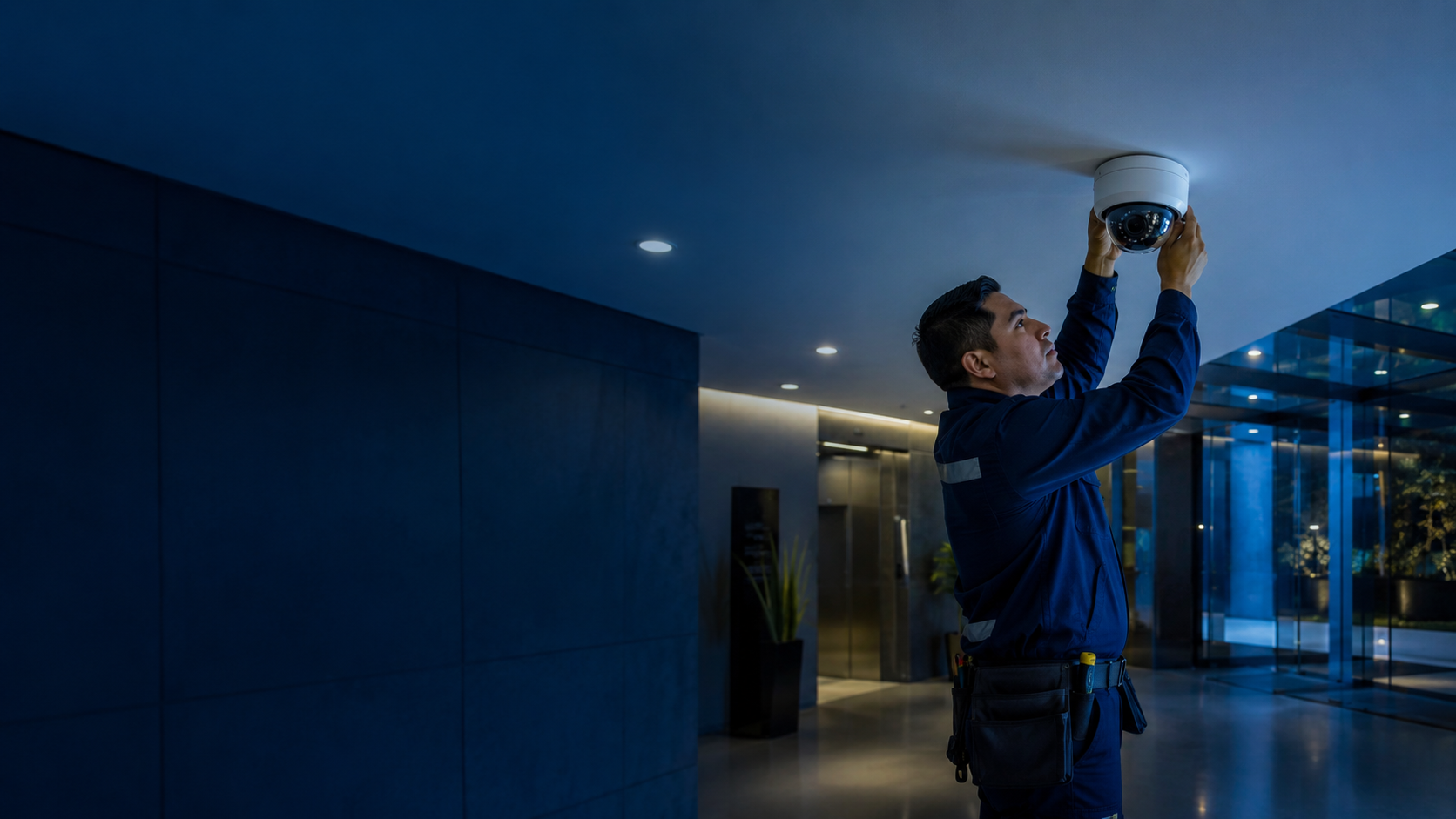 Técnico instalando una cámara de seguridad